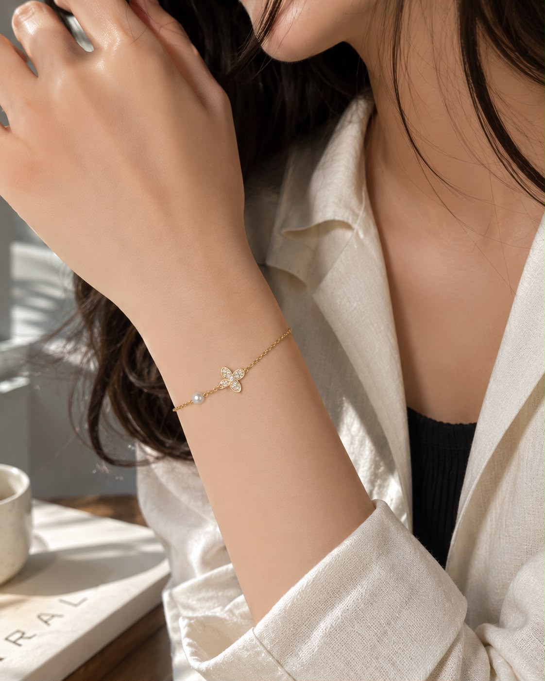 Butterfly Pearl Charm Bracelet