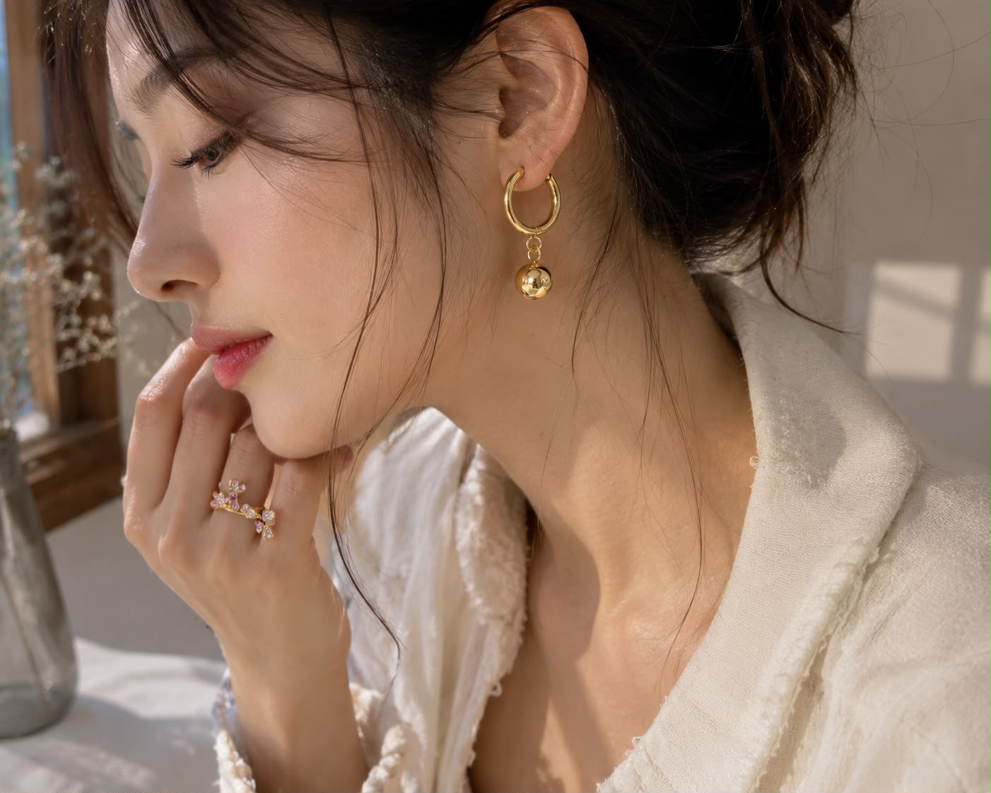 Gold Plated Ball Drop Hoop Earrings