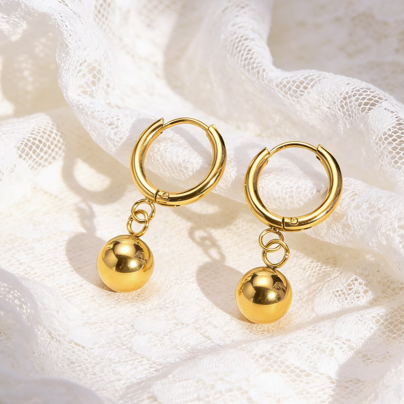 Gold Plated Ball Drop Hoop Earrings